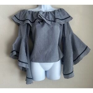 Liquid By Sioni Gingham Ruffle Bell‎ Sleeve Off Shoulder Top M Coastal Retro